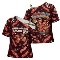 International Bacon Day Cross Shoulder Shirt Retro Bacon Pattern With Sizzling Skillet Graphic