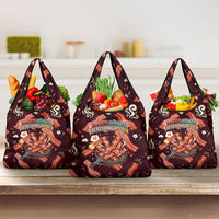 International Bacon Day Grocery Bag Retro Bacon Pattern With Sizzling Skillet Graphic