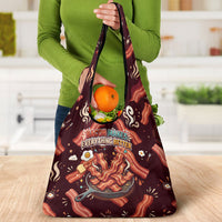 International Bacon Day Grocery Bag Retro Bacon Pattern With Sizzling Skillet Graphic