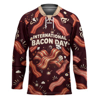 International Bacon Day Hockey Jersey Retro Bacon Pattern With Sizzling Skillet Graphic