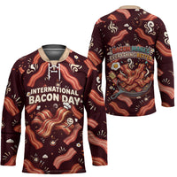 International Bacon Day Hockey Jersey Retro Bacon Pattern With Sizzling Skillet Graphic
