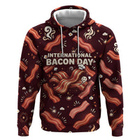 International Bacon Day Hoodie Retro Bacon Pattern With Sizzling Skillet Graphic
