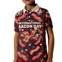 International Bacon Day Kid Polo Shirt Retro Bacon Pattern With Sizzling Skillet Graphic
