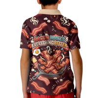 International Bacon Day Kid Polo Shirt Retro Bacon Pattern With Sizzling Skillet Graphic