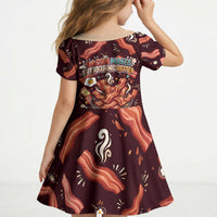 International Bacon Day Kid Short Sleeve Dress Retro Bacon Pattern With Sizzling Skillet Graphic