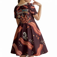 International Bacon Day Kid Short Sleeve Dress Retro Bacon Pattern With Sizzling Skillet Graphic
