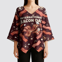 International Bacon Day Kimono Sleeve Blouse Retro Bacon Pattern With Sizzling Skillet Graphic