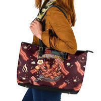 International Bacon Day Leather Tote Bag Retro Bacon Pattern With Sizzling Skillet Graphic