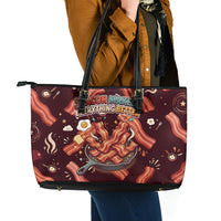 International Bacon Day Leather Tote Bag Retro Bacon Pattern With Sizzling Skillet Graphic
