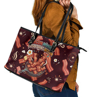 International Bacon Day Leather Tote Bag Retro Bacon Pattern With Sizzling Skillet Graphic