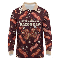 International Bacon Day Long Sleeve Polo Shirt Retro Bacon Pattern With Sizzling Skillet Graphic