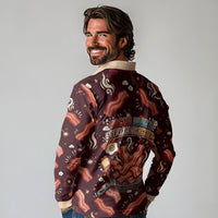 International Bacon Day Long Sleeve Polo Shirt Retro Bacon Pattern With Sizzling Skillet Graphic