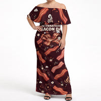 International Bacon Day Off Shoulder Maxi Dress Retro Bacon Pattern With Sizzling Skillet Graphic
