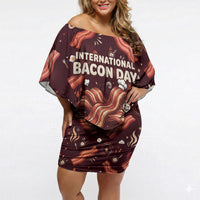 International Bacon Day Off Shoulder Short Dress Retro Bacon Pattern With Sizzling Skillet Graphic