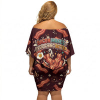 International Bacon Day Off Shoulder Short Dress Retro Bacon Pattern With Sizzling Skillet Graphic