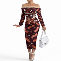 International Bacon Day Off The Shoulder Long Sleeve Dress Retro Bacon Pattern With Sizzling Skillet Graphic