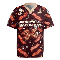 International Bacon Day Rugby Jersey Retro Bacon Pattern With Sizzling Skillet Graphic