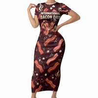 International Bacon Day Short Sleeve Bodycon Dress Retro Bacon Pattern With Sizzling Skillet Graphic