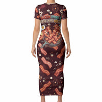 International Bacon Day Short Sleeve Bodycon Dress Retro Bacon Pattern With Sizzling Skillet Graphic