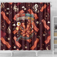 International Bacon Day Shower Curtain Retro Bacon Pattern With Sizzling Skillet Graphic