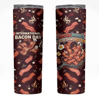 International Bacon Day Skinny Tumbler Retro Bacon Pattern With Sizzling Skillet Graphic
