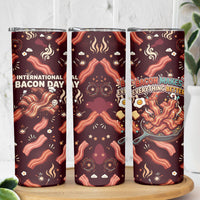 International Bacon Day Skinny Tumbler Retro Bacon Pattern With Sizzling Skillet Graphic