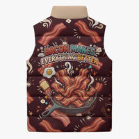 International Bacon Day Sleeveless Puffer Jacket Retro Bacon Pattern With Sizzling Skillet Graphic