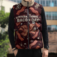 International Bacon Day Sleeveless Puffer Jacket Retro Bacon Pattern With Sizzling Skillet Graphic