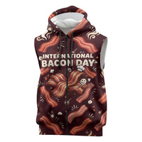 International Bacon Day Sleeveless Zip Hoodie Retro Bacon Pattern With Sizzling Skillet Graphic