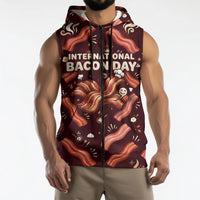 International Bacon Day Sleeveless Zip Hoodie Retro Bacon Pattern With Sizzling Skillet Graphic