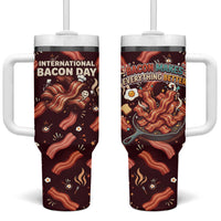 International Bacon Day Tumbler With Handle Retro Bacon Pattern With Sizzling Skillet Graphic