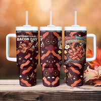 International Bacon Day Tumbler With Handle Retro Bacon Pattern With Sizzling Skillet Graphic