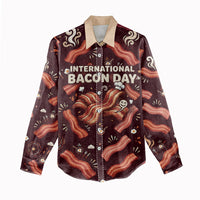 International Bacon Day Women Casual Shirt Retro Bacon Pattern With Sizzling Skillet Graphic
