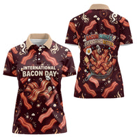 International Bacon Day Women Polo Shirt Retro Bacon Pattern With Sizzling Skillet Graphic