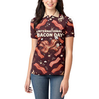 International Bacon Day Women Polo Shirt Retro Bacon Pattern With Sizzling Skillet Graphic