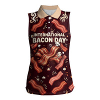 International Bacon Day Women Sleeveless Polo Shirt Retro Bacon Pattern With Sizzling Skillet Graphic