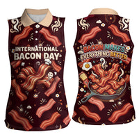 International Bacon Day Women Sleeveless Polo Shirt Retro Bacon Pattern With Sizzling Skillet Graphic