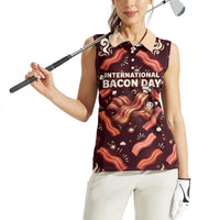 International Bacon Day Women Sleeveless Polo Shirt Retro Bacon Pattern With Sizzling Skillet Graphic