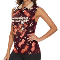 International Bacon Day Women Sleeveless Polo Shirt Retro Bacon Pattern With Sizzling Skillet Graphic