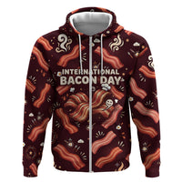 International Bacon Day Zip Hoodie Retro Bacon Pattern With Sizzling Skillet Graphic