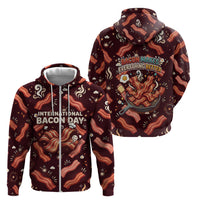 International Bacon Day Zip Hoodie Retro Bacon Pattern With Sizzling Skillet Graphic