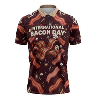 International Bacon Day Zipper Polo Shirt Retro Bacon Pattern With Sizzling Skillet Graphic
