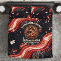 International Bacon Day United By Bacon Bedding Set Retro Bacon Globe and Cool Bacon Mascot Graphic