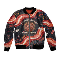 International Bacon Day United By Bacon Bomber Jacket Retro Bacon Globe and Cool Bacon Mascot Graphic