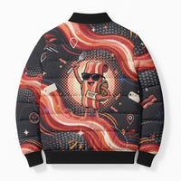 International Bacon Day United By Bacon Bomber Puffer Jacket Retro Bacon Globe and Cool Bacon Mascot Graphic
