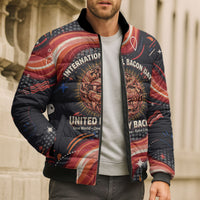 International Bacon Day United By Bacon Bomber Puffer Jacket Retro Bacon Globe and Cool Bacon Mascot Graphic