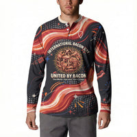 International Bacon Day United By Bacon Button Sweatshirt Retro Bacon Globe and Cool Bacon Mascot Graphic