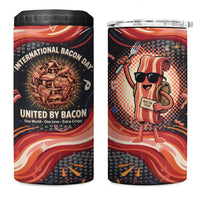International Bacon Day United By Bacon 4 in 1 Can Cooler Tumbler Retro Bacon Globe and Cool Bacon Mascot Graphic