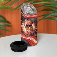 International Bacon Day United By Bacon 4 in 1 Can Cooler Tumbler Retro Bacon Globe and Cool Bacon Mascot Graphic