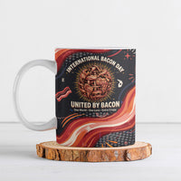 International Bacon Day United By Bacon Ceramic Mug Retro Bacon Globe and Cool Bacon Mascot Graphic